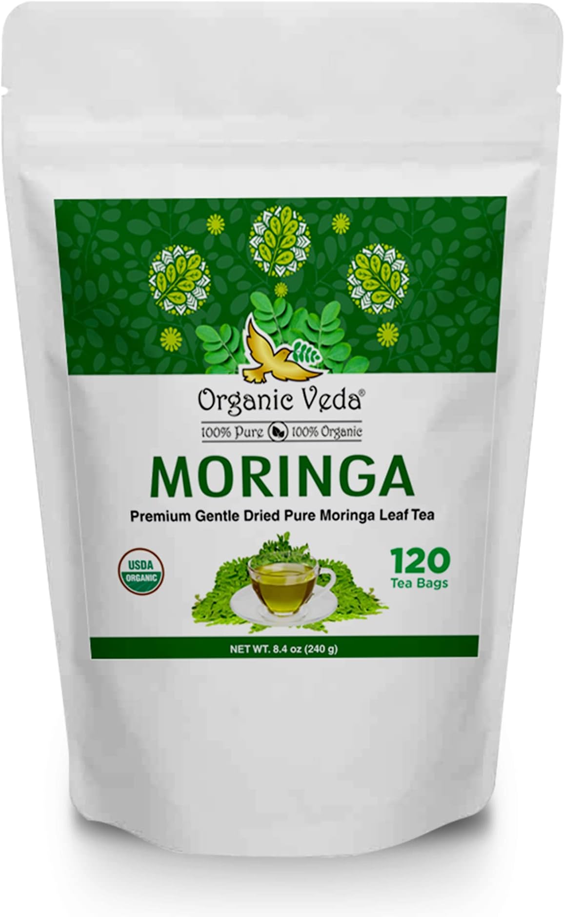 Organic Veda Moringa Tea Bags, Premium Dried Moringa Leaf Tea for Overall Wellness, Non-GMO, Caffeine-Free, & Gluten-Free Organic Tea, 120 Tea BagsUSDA Organic