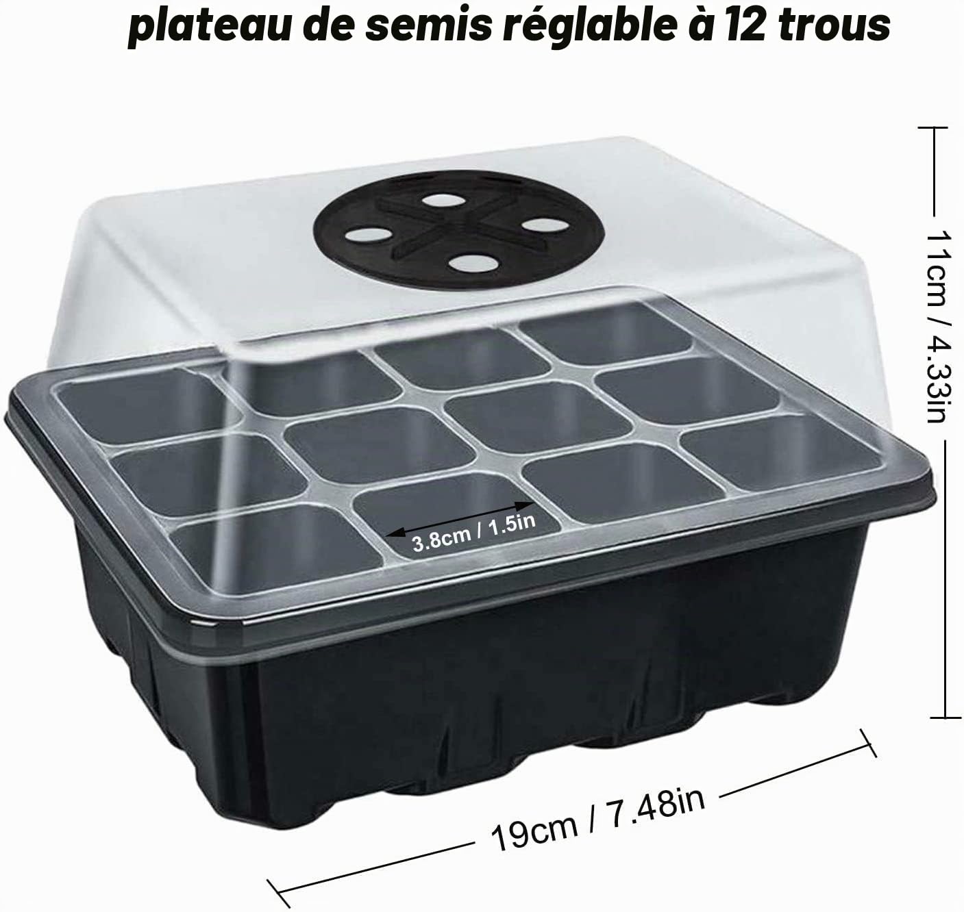 8 Pièces Mini Serre pour Semis, 96 cellules Serre Interieur Plateaux de Culture Semis Bacs à Semis Kit de Germination Interieur avec Couvercle pour Plantes Tomate, Noir