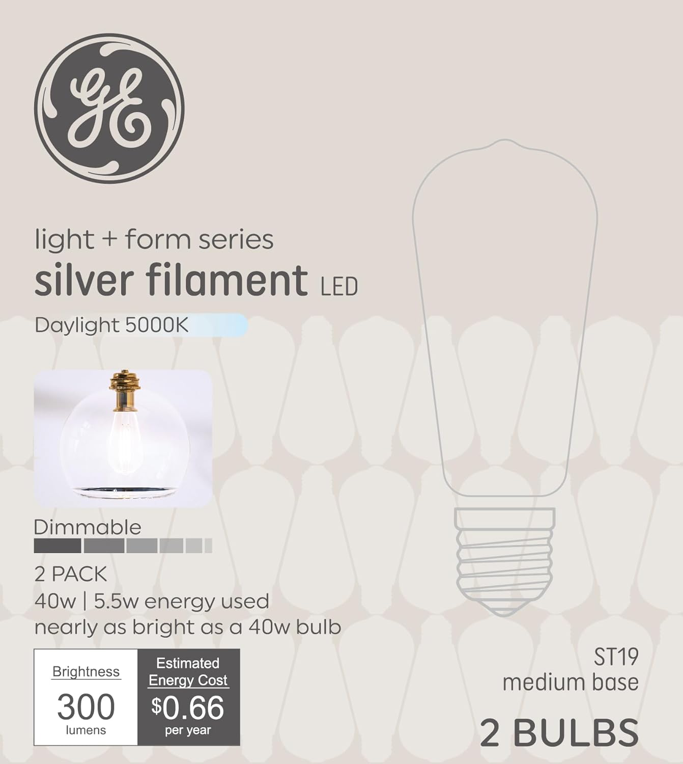 GE Light + Form Silver Filament Daylight 40W ST19 (2 Pack)