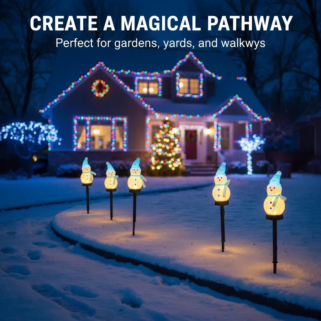 Solar Christmas Snowman Lights Outdoor - 5 Pack Snowman Shape LED Decorations with Auto On/Off, Warm White Waterproof Lawn Stake Lights for Yard Garden Holiday Party Decor (Blue)