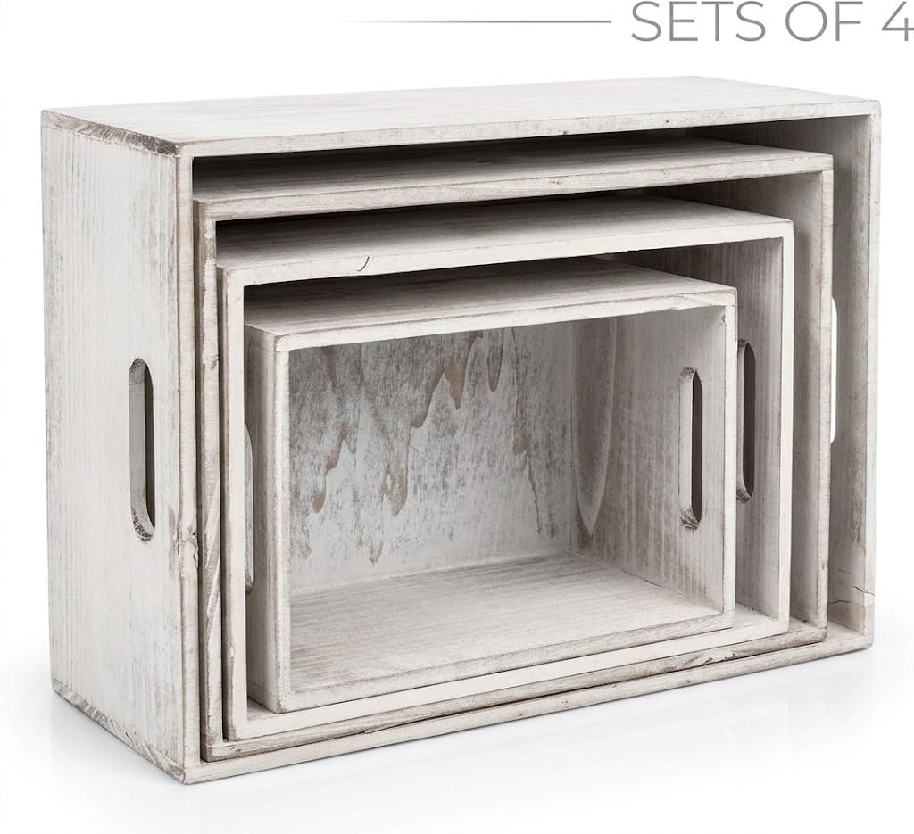 Oojami 4 Pack Nesting Wooden Crates for Display, Rustic White with Handles image 2