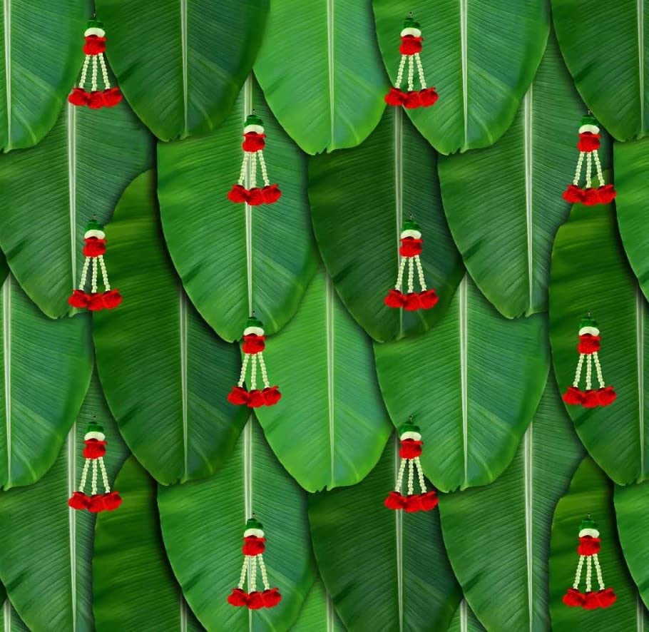 Image of Lakshmi puja Decorations Cloth | Banana Leaf Curtain Backdrop Decoration with Small Red Flower 8 X 5 Feet | Banana Leaves Backdrop | Back Ground Decoration Clothes | varalakshmi Pooja Backdrop Cloth