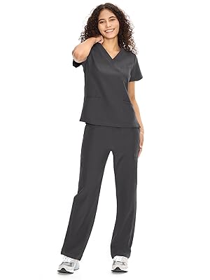 COZYFIT Scrubs for Women Set Medical Uniform - V-Neck Top & Straight Leg Pants with 9 Pockets, Unisex Workwear