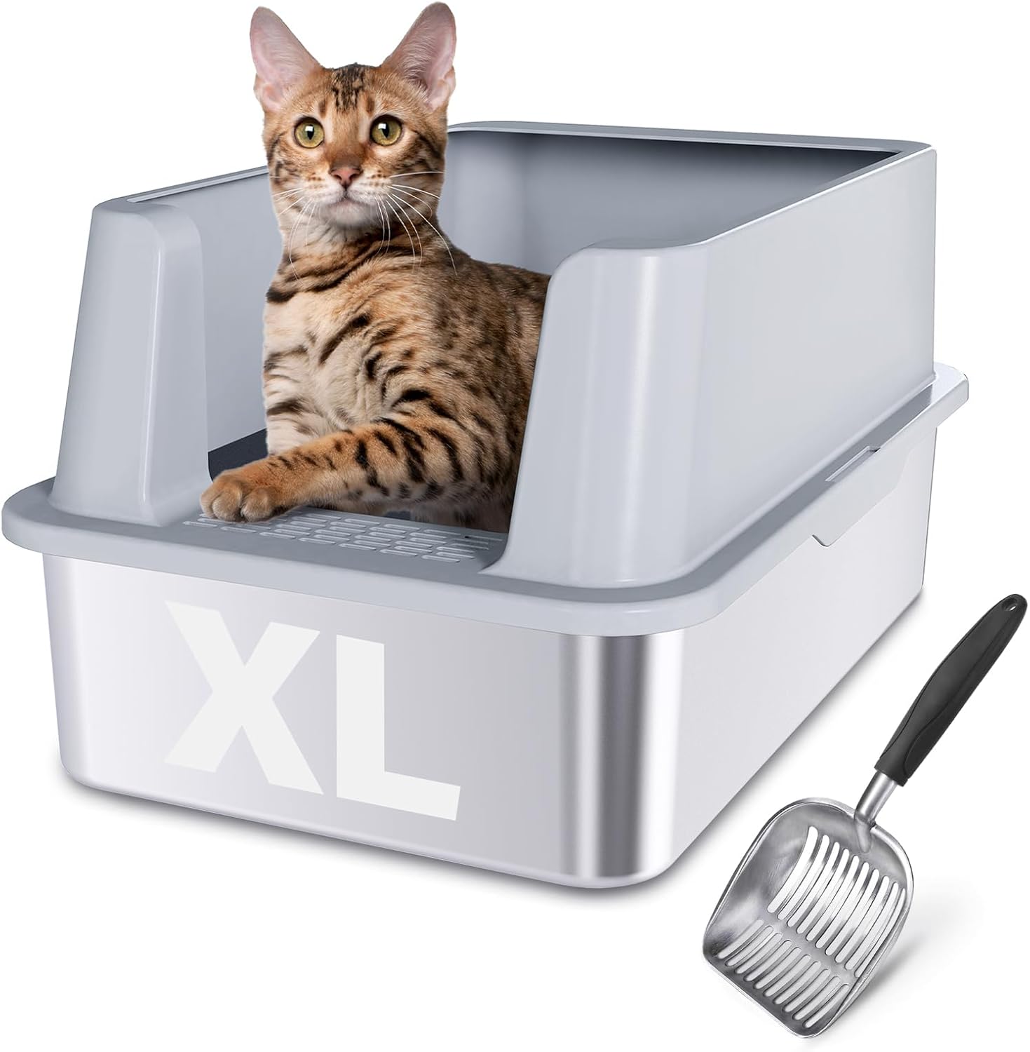 Stainless Steel Litter Box with Lid, XL Cat Litter Box High Sides, Anti-Urine Leakage Metal Litter Box Extra Large for Big Kitty, Multiple Cats, Never Absorbs Odors, Non-Stick, Easy Clean XL Litter Box with Lid