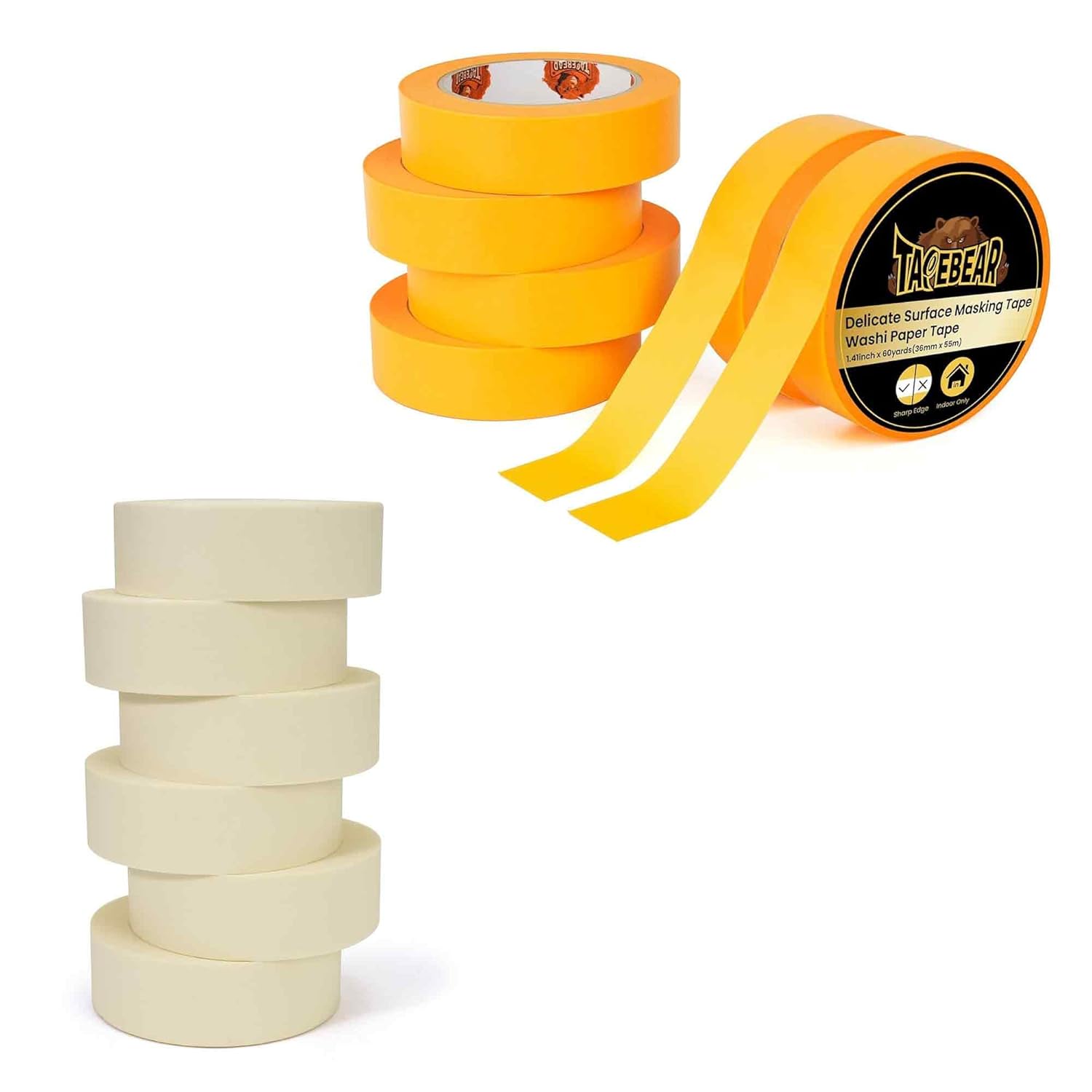 TAPEBEAR Beige White Masking Tape 1.5" x 60 Yards x 6Rolls + Orange Delicate Surface Advanced Washi Masking Tape 1.41" x 60Yard x 6Rolls