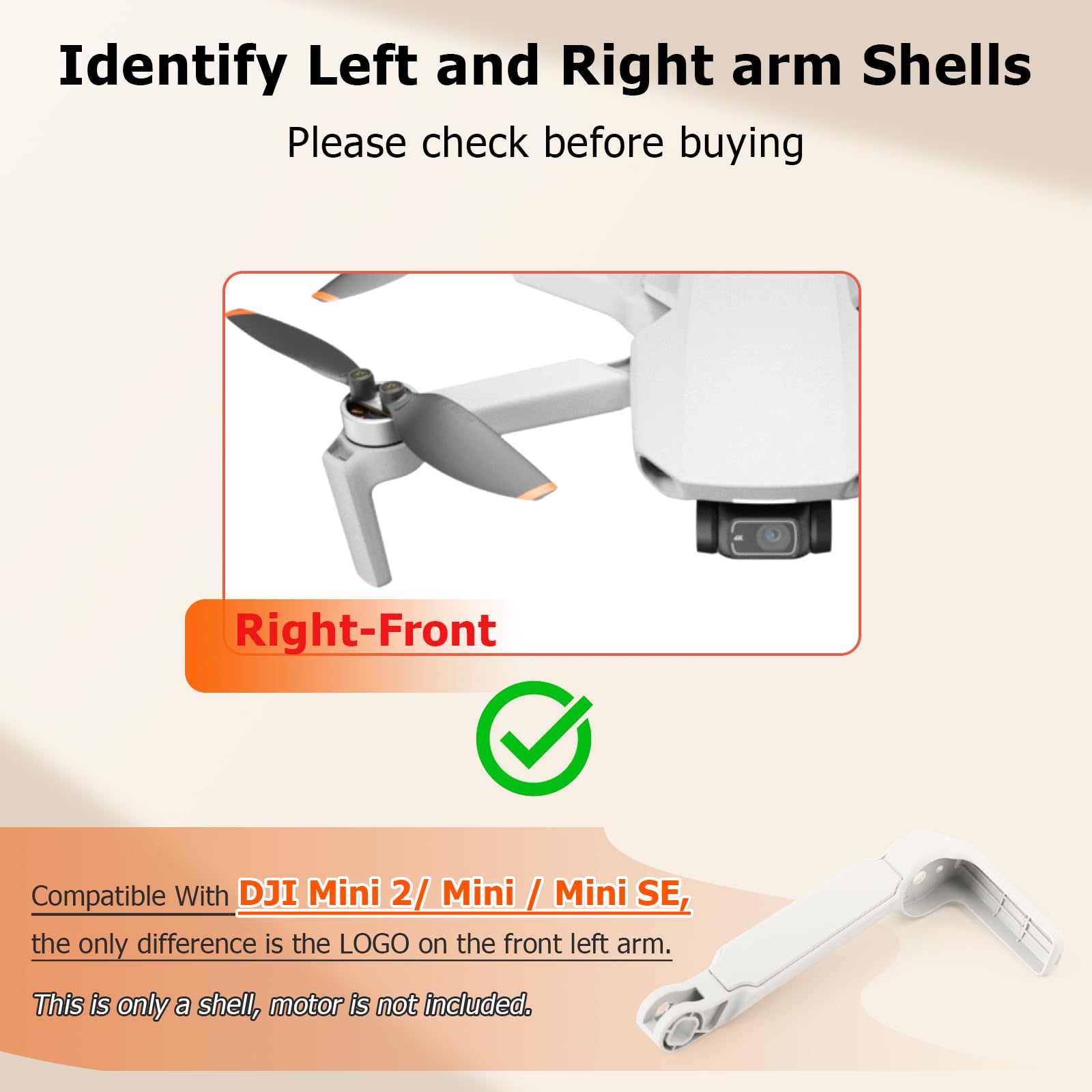 Bras de Rechange sans Moteur pour DJI Mini 2/Mini/Mini SE Coque de Bras de Réparation pour DJI Mini 2/Mini/Mini SE Drone (Avant Droit)