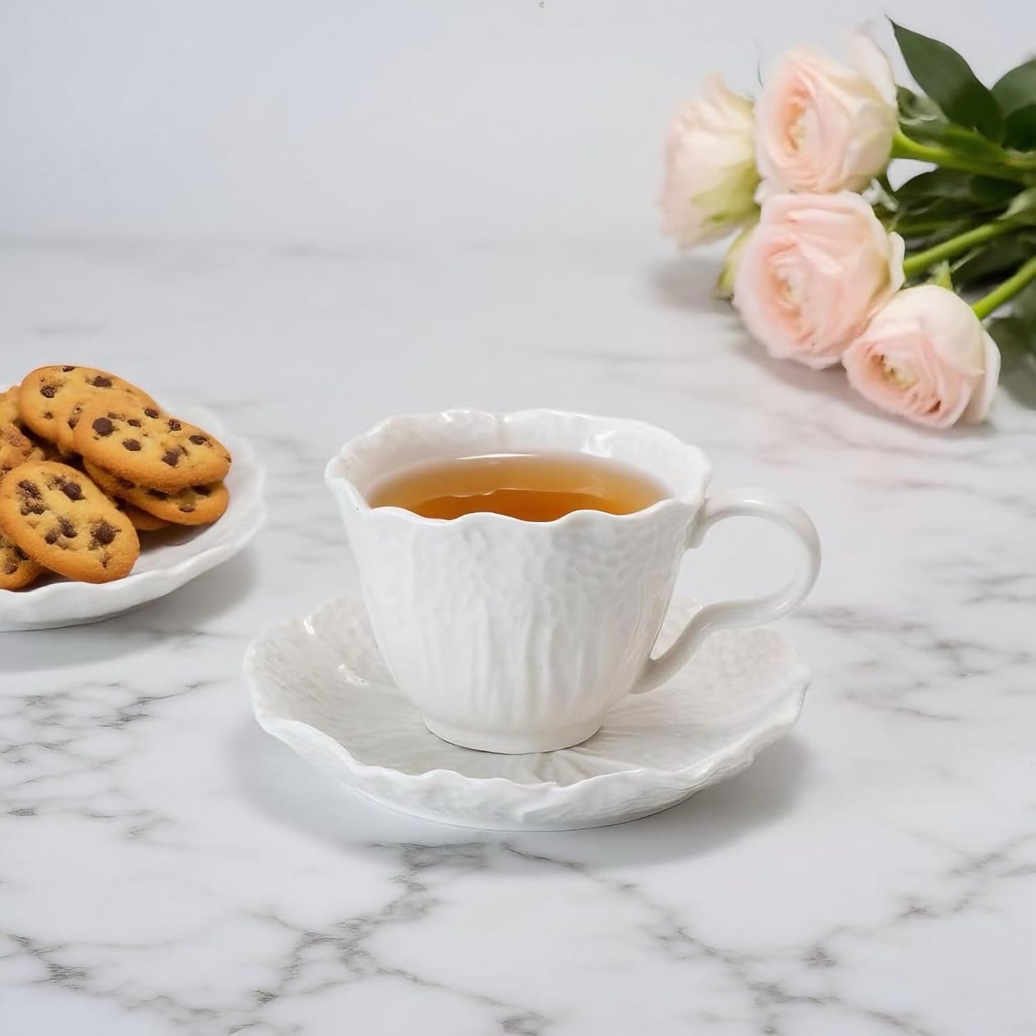 2 Pack White Ceramic Cups and Saucers Coffee Cups with Cabbage Floral Design 200ml (7 oz) Tea Cups for Espresso, Latte, Porcelain Mugs - Image 7