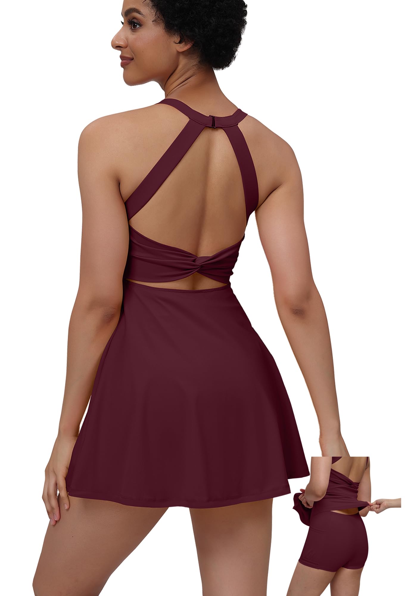 EUISVIWomens Tennis Workout Dress with Easy Bathroom Shorts Romper Cut Out Twisted Athletic Dresses for Women