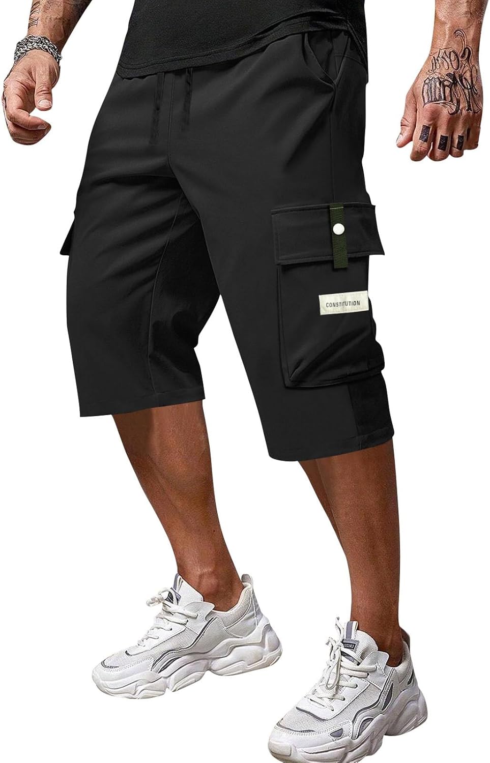 Men's Casual Drawstring Capri Cargo Pants Quick Dry Below The Knee Shorts Elastic Waist Hiking Long Shorts Multi-Pocket