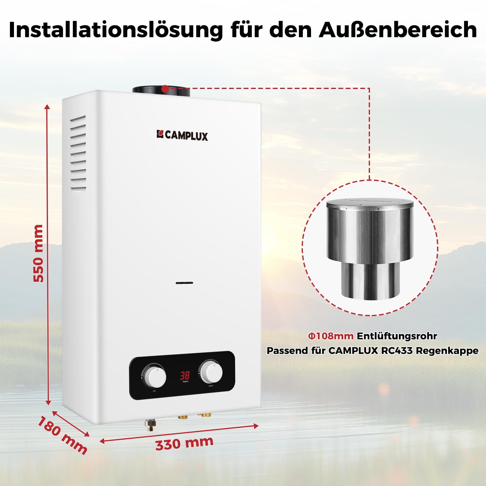 CAMPLUX BD264-DE Gas-Durchlauferhitzer, 10 Liter, LPG, 50 mbar, für Wohnmobil/Camping/Garten/Mobilhäuser/kleine Häuser