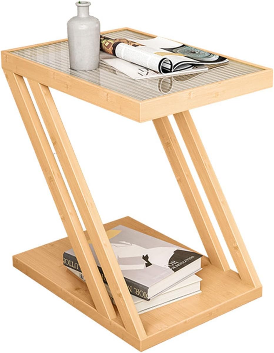 Perfii Z-Frame Glass Top Side Wood Table with Storage and Compact Design