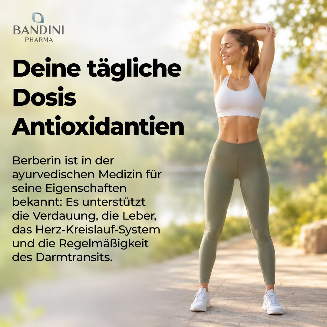 Bandini® Berberin 1000mg rein hochdosiert | 180 vegane Kapseln | Reines Berberin HCl aus Berberis Aristata 97% + Chrom und Schwarzer Pfeffer | Maximale Absorption | Verdauung, Leber, Darmfunktion