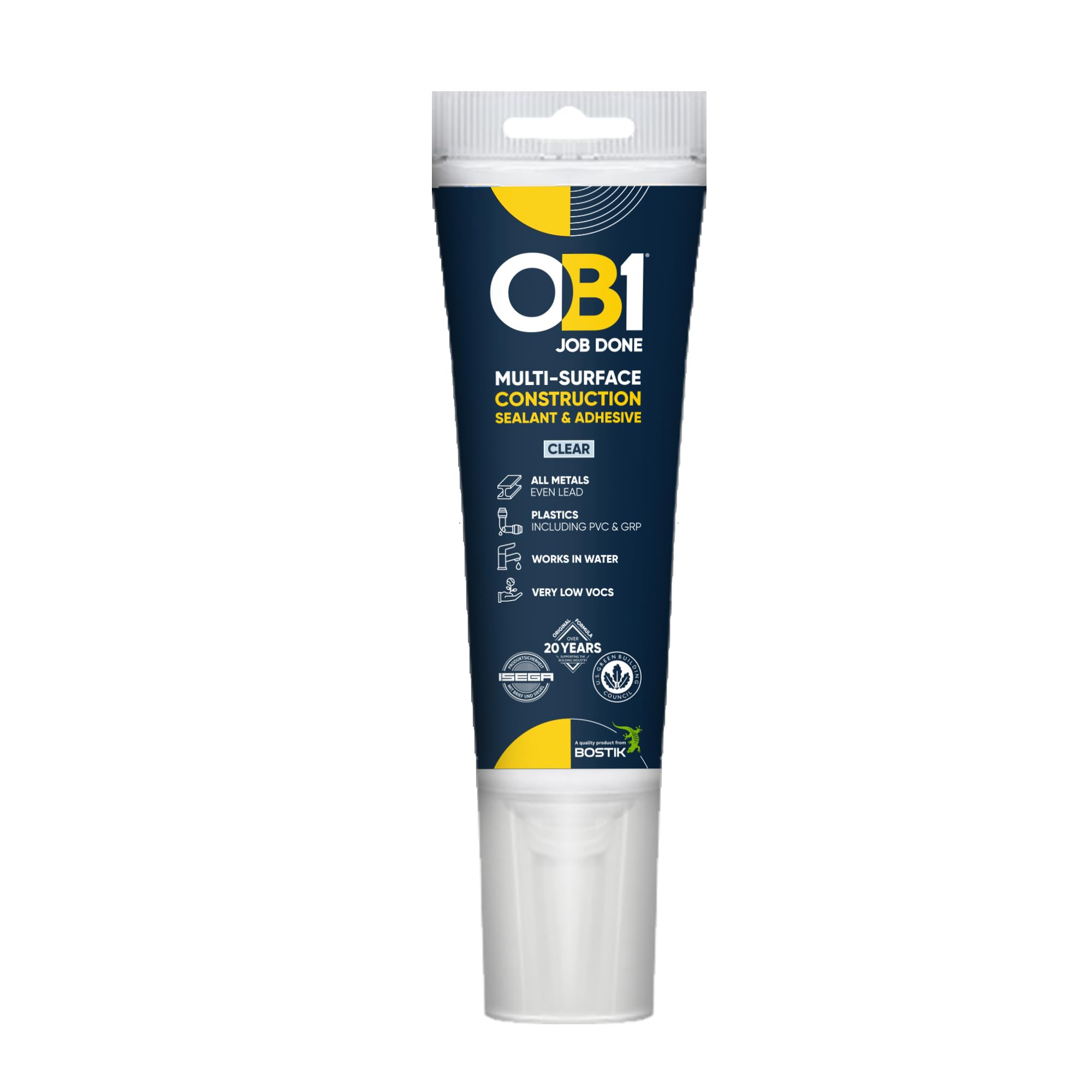 OB1 Clear Multi-Surface Construction Sealant & Adhesive - Hybrid Polymer - Excellent Chemical Resistance - Water Resistant - Weather Resistant - 80ml Tube
