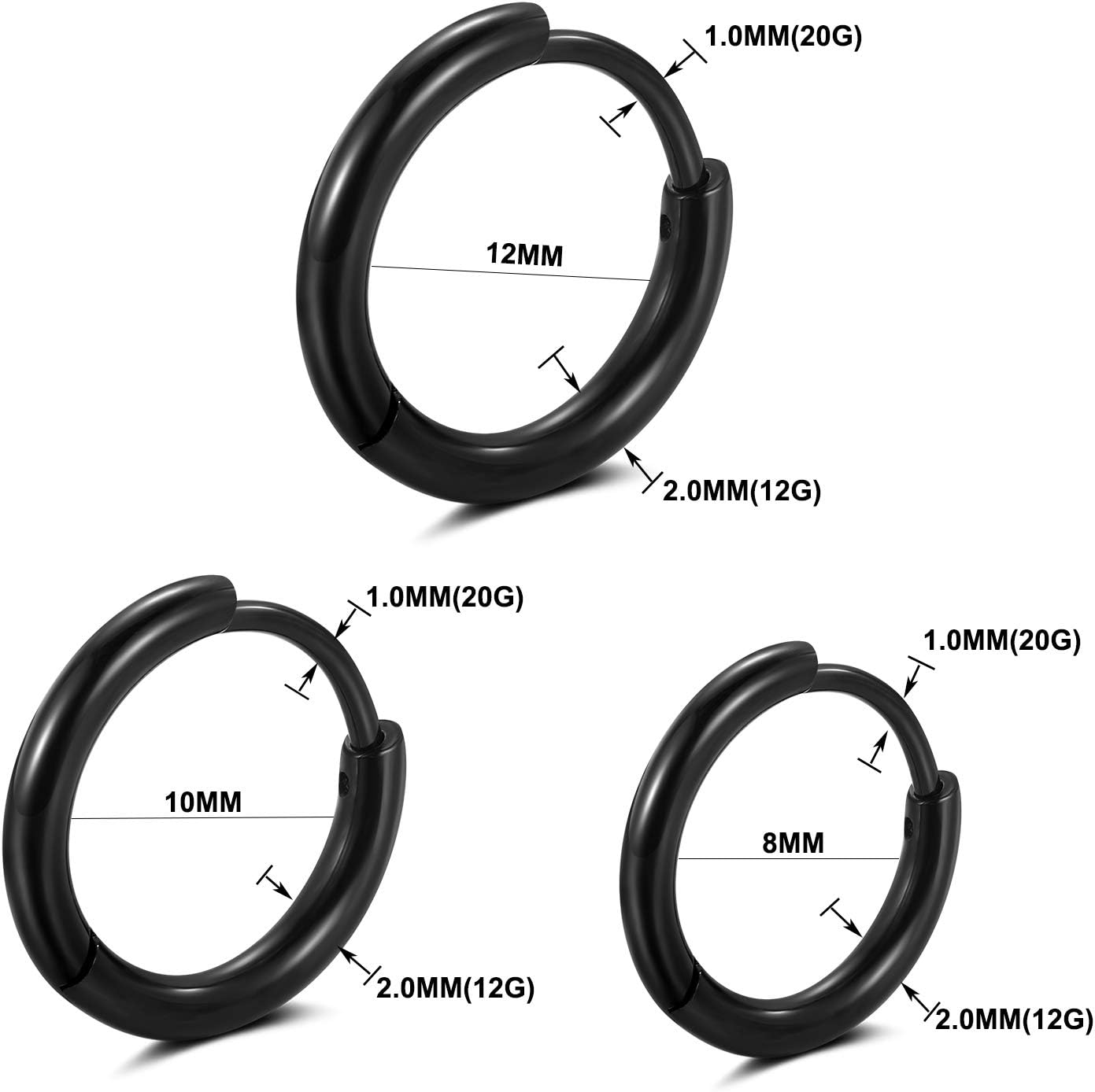 316L Surgical stainless steel hoop earrings 8mm/10mm/12mm Hypoallergenic Huggie Earrings Small Hoop Sliver Black Sleeper Earrings For Women Men - Image 2