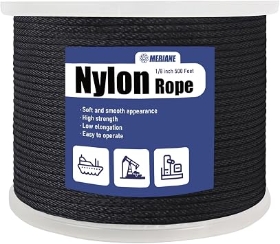 MERIANE Black Nylon Rope 1/8inch 500FT Multipurpose Solid Braided Rope Ideal Use for Camping, Clothesline, Marine, Flag Line Abrasion & UV Resistant Shock Absorption Rope for Indoor Outdoor