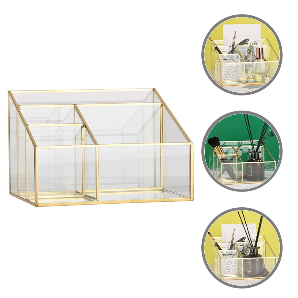 Ipetboom Scatola Portaoggetti per Trucco in Vetro Trasparente Struttura in Metallo Organizzatore Compatto per Cosmetici e Porta Pennelli da Scrivania Contenitore per Rossetti e Accessori