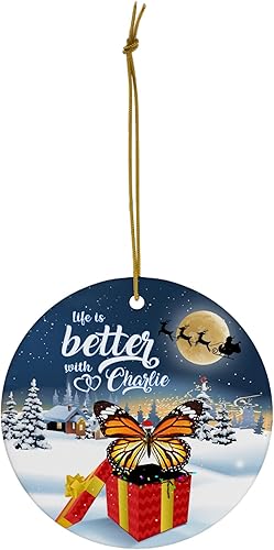 Miniatura 2 de Life is Better with Natural Orange Butterfly Adornos de Navidad con nombre personalizado 2023 Círculo Blanco Cerámica Regalos para dueños de mascotas