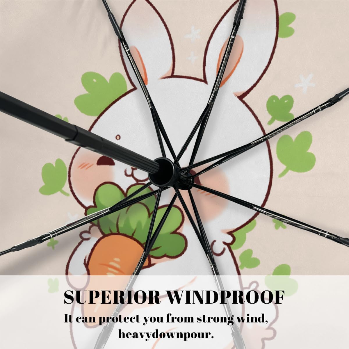 Cute Bunny Carrot Pattern Folding Umbrella Windproof Compact Lightweight Travel Umbrella with 8 Reinforced Ribs, Portable UV Sun & Rain Protection for Men & Women