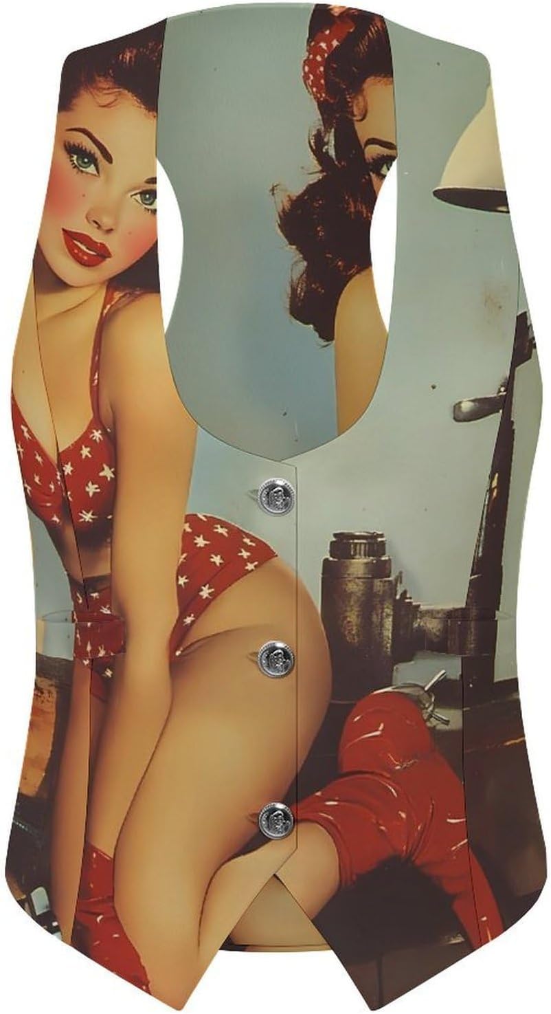 Vintage Sexy Pin-up Girls Women's Tuxedo Waistcoat Suit Vest | 3 Button V-Neck Slim Fit Casual Sleeveless Top