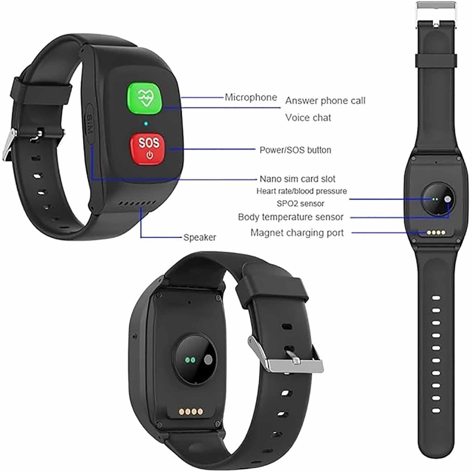 ERICAT Bracelet D'appel d'urgence pour Personnes Âgées, Montre Intelligente Senior avec Détection De Chute Et Suivi D'alerte De Chute, Étanche IP67, Capacité De 800 MAh Et Alerte 1 Touche, Précision