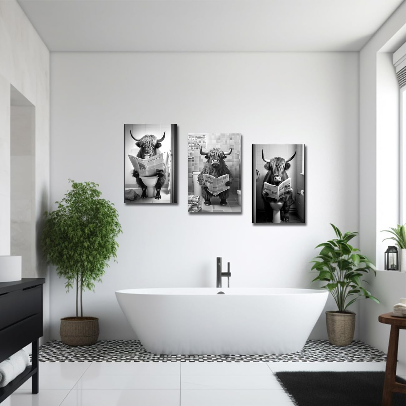 Framed Funny Highland Cow Bathroom Wall Art, 4 Piece Black and White Canvas Painting Prints, Fun Western Cow on Toilet in Bathtub Picture for Western Rustic Farmhouse Bathroom Home Decor, 11x14