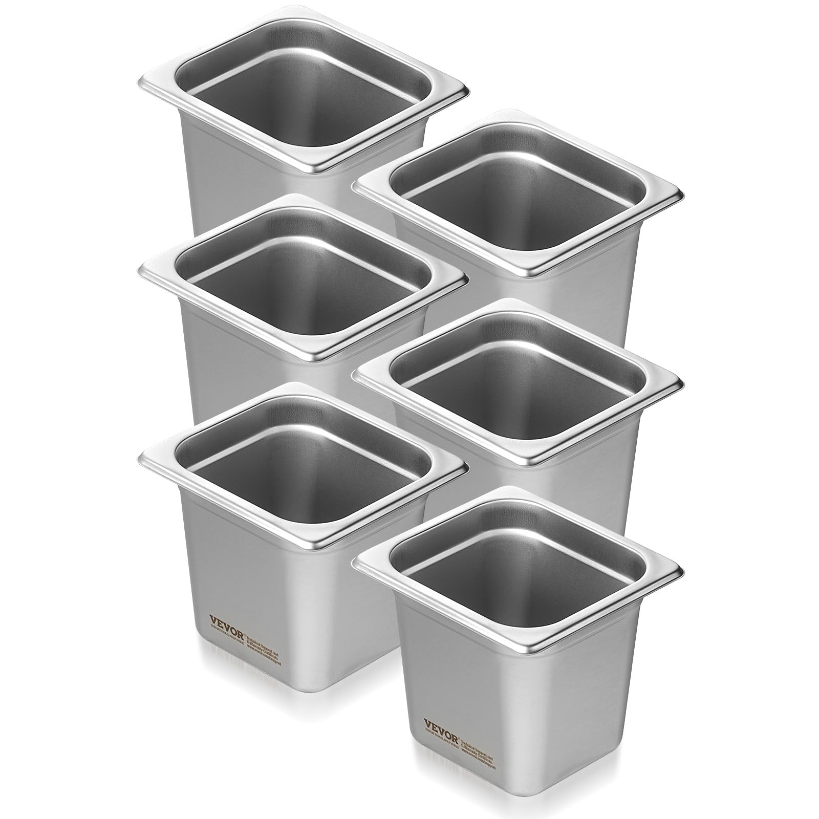 VEVOR Bac Gastronorme GN 1/​6 Lot de 6, Récipient Inox pour Bain-​marie 0,​8 mm d'Épaisseur, Bac Inox Alimentaire 16 cm Profondeur, pour Fours à Convection, Réfrigérateurs, Stockage, Restauration