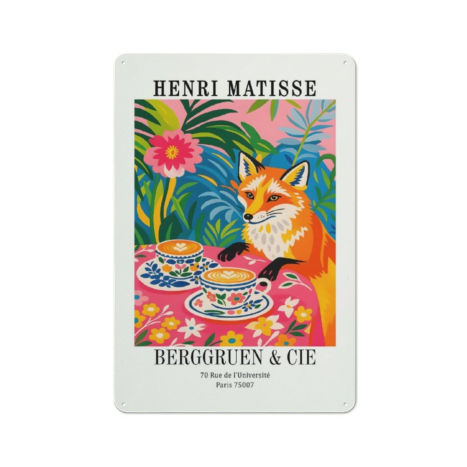 Junmoney Style-24 For Hobby Room Or Studio, Henri Matisse Fox Coffee Art Print Retro Tin Sign 30X20cm, Gift For Creative Interior Collectors During The Christmas Season