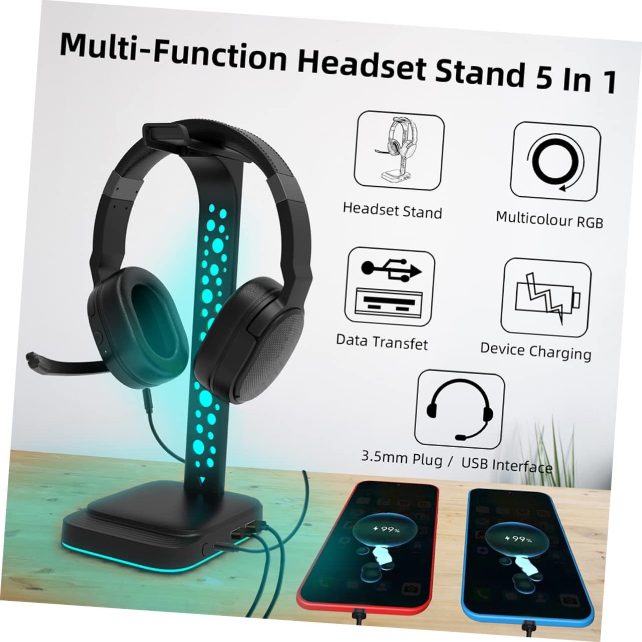 Homoyoyo Supporto per Cuffie Illuminazione Rgb Hub USB e Porta Aux Antiscivolo per Tavolo per Gaming e Ufficio