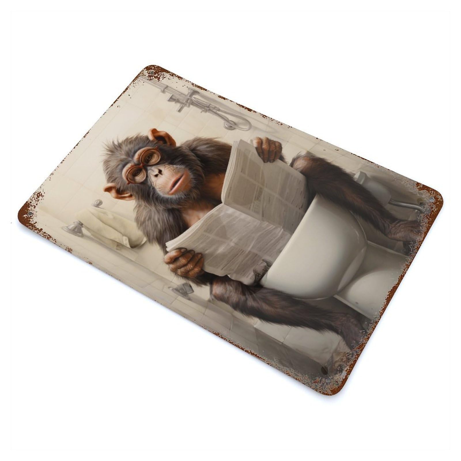 Aged Metal Wall Plaque with Toilet Monkey Design 11.8"x7.9", for Cafe, Home Bar And Lounge Decor, Novelty Wall Decor