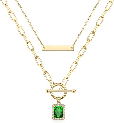 MJartoria Gold Layered Necklaces for Women Trendy Retro Emerald Pendant 14K Gold Plated Dainty Chain Necklaces for Jewelry Birthday Gifts