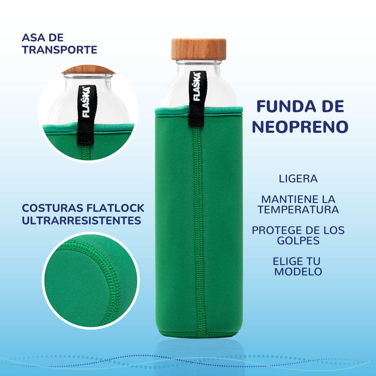 FLASKA | Bouteille d'eau en verre | 500 ml | Sans BPA | Couvercle à vis | Housse en néoprène | Idéal pour le sport, le bureau, le yoga | Structure de l'eau | Evergreen