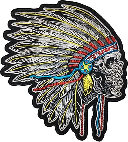 [Large Size] Papapatch Feathered Indian Chief Head Death Skull Biker Motorcycle Jacket Vest Embroidered Sew on Iron on Patch (IRON-FEATHER-INDIAN-03-LARGE)