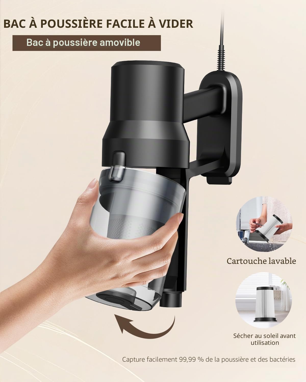 Aspirateur Balai avec Fil 600W/21Kpa, 6 en 1 Aspirateur Balai Filaire, Cable de 5 m, Filtre HEPA, 1.2 L Capacité, Léger Portable pour Durs, Sols, Poils d'animau