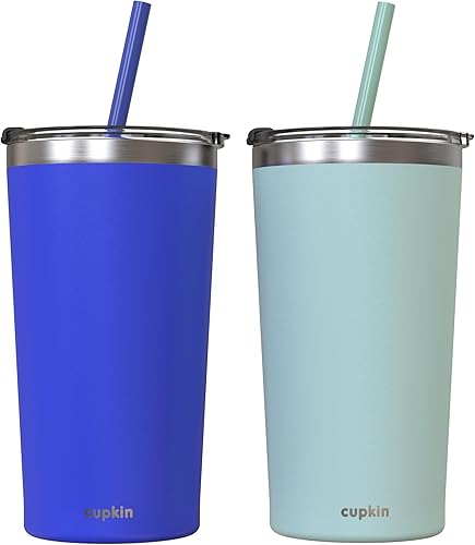 CUPKIN Vaso aislado de acero inoxidable con tapa y popote, botella de agua de 20 onzas y popote, tazas de acero inoxidable, taza de café de viaje