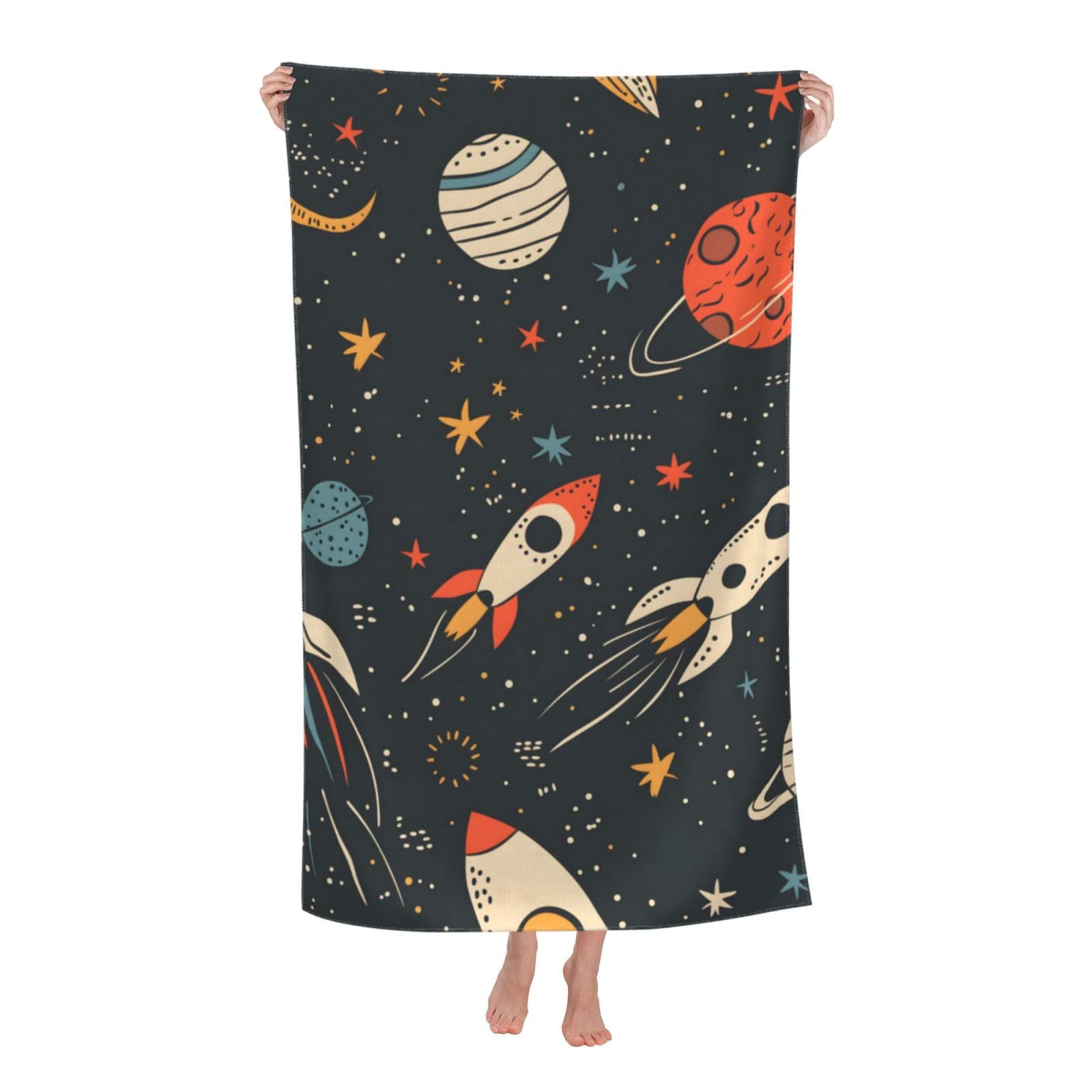 HLBSDM Space Rocket Beach Towel 31inx51in Galaxy Planet Sand Free Microfiber Bath Towel Ultra Soft Quick Dry Pool Towel Absorbent Towel Lightweight Towel for Swimming Bathroom Decor