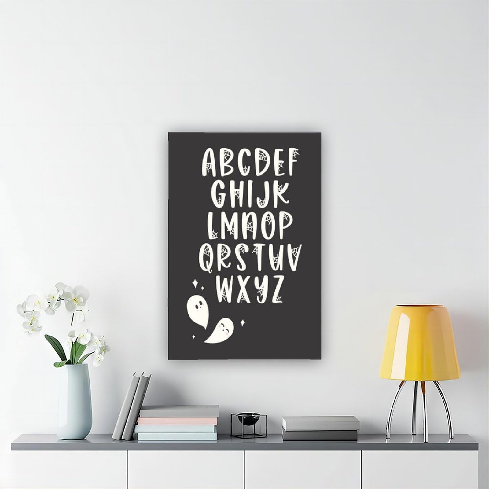 Poster sur toile de l'alphabet blanc sur fond noir pour l'apprentissage et l'éducation - Décoration murale pour salon, chambre à coucher - 61 x 91,4 cm (L x l)