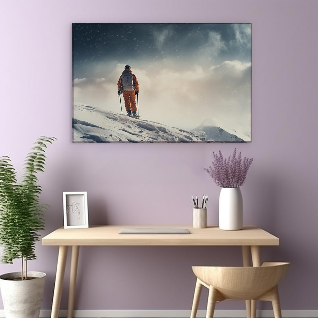 Canvas for Living room. Winter Wanderer: Amidst Snowy Slopes and Brooding Skies, 27 x 18 inch Canvas Wall Art - Surrealistic Visions - Modern Home Decor