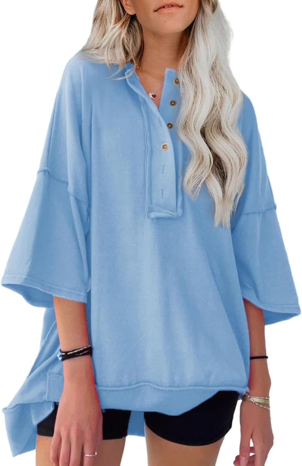 AlvaQ Womens Oversized Short Sleeve Sweatshirt Summer Casual Loose Button Down Henley V Neck Pullover Tunic Tops Shirts Small Sky Blue