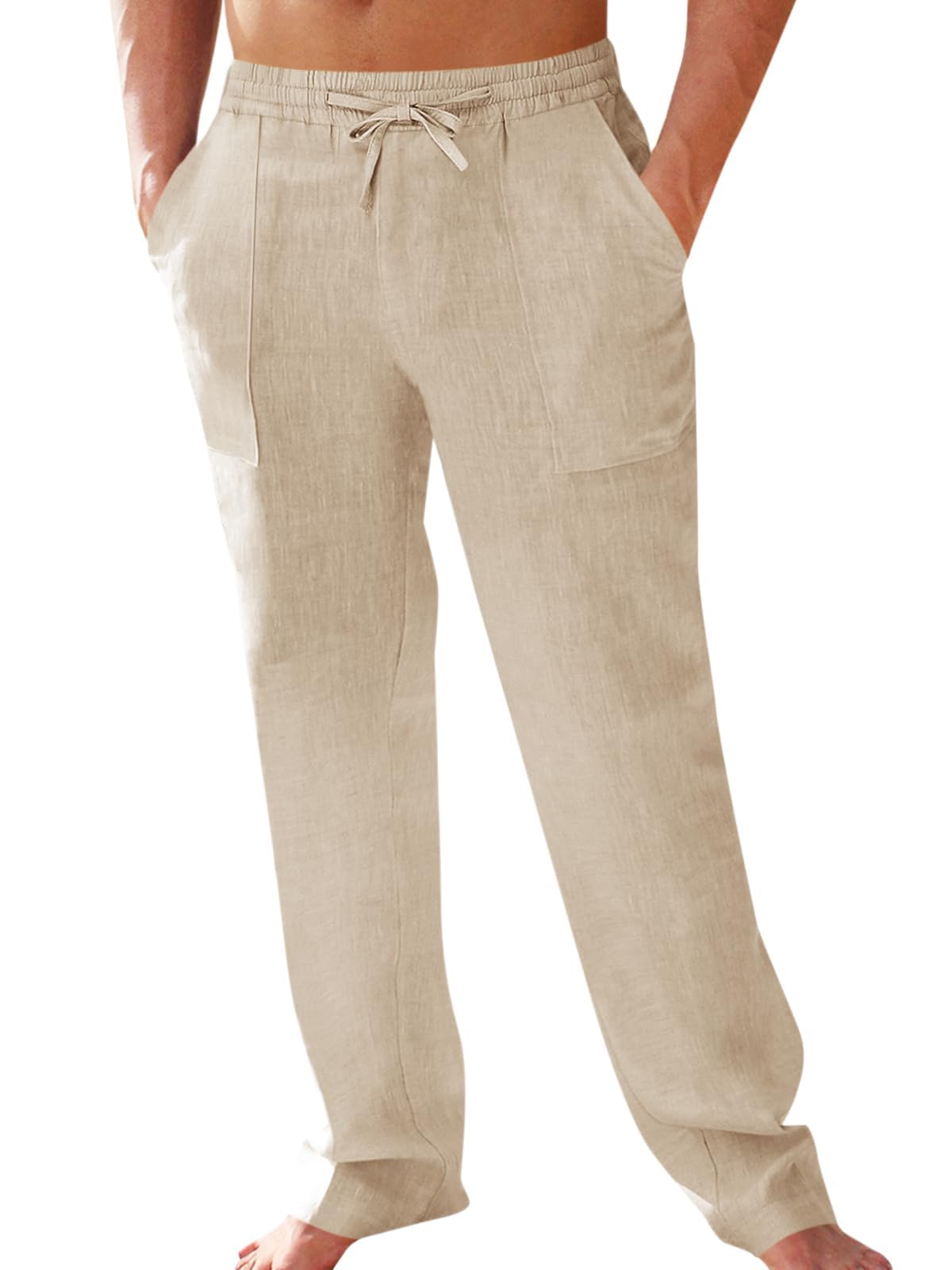 PASLTER Mens Cotton Linen Pants Elastic Waist Drawstring Casual Trouser Lightweight Straight-Legs Loose Beach Yoga Pants