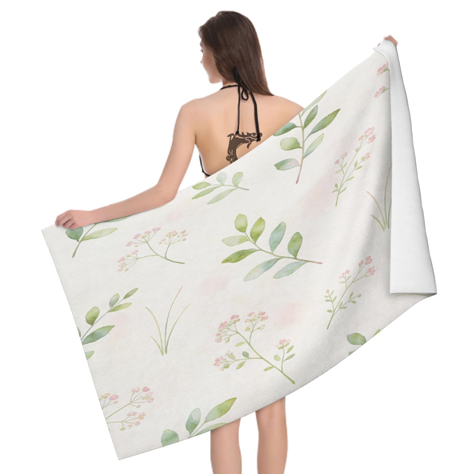 Leichong 3D Watercolor Plants Beach Towel Large Microfiber Soft Quick Dry for Adults, Green Leaves Bath Towel Lightweight Soft Absorbent for Travel Swimming Pool Sports, 80 x 160 cm