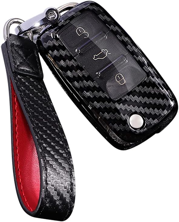 HIBEYO Key Fob Case Cover For VW Volkswagen Mk6 Bora Jetta GTI Passat Golf Tiguan Touareg Beetle Bora Polo Skoda 3 Buttons Flip Folding Smart Remote Key Fob Shell With Black Keychain Holder Keyless