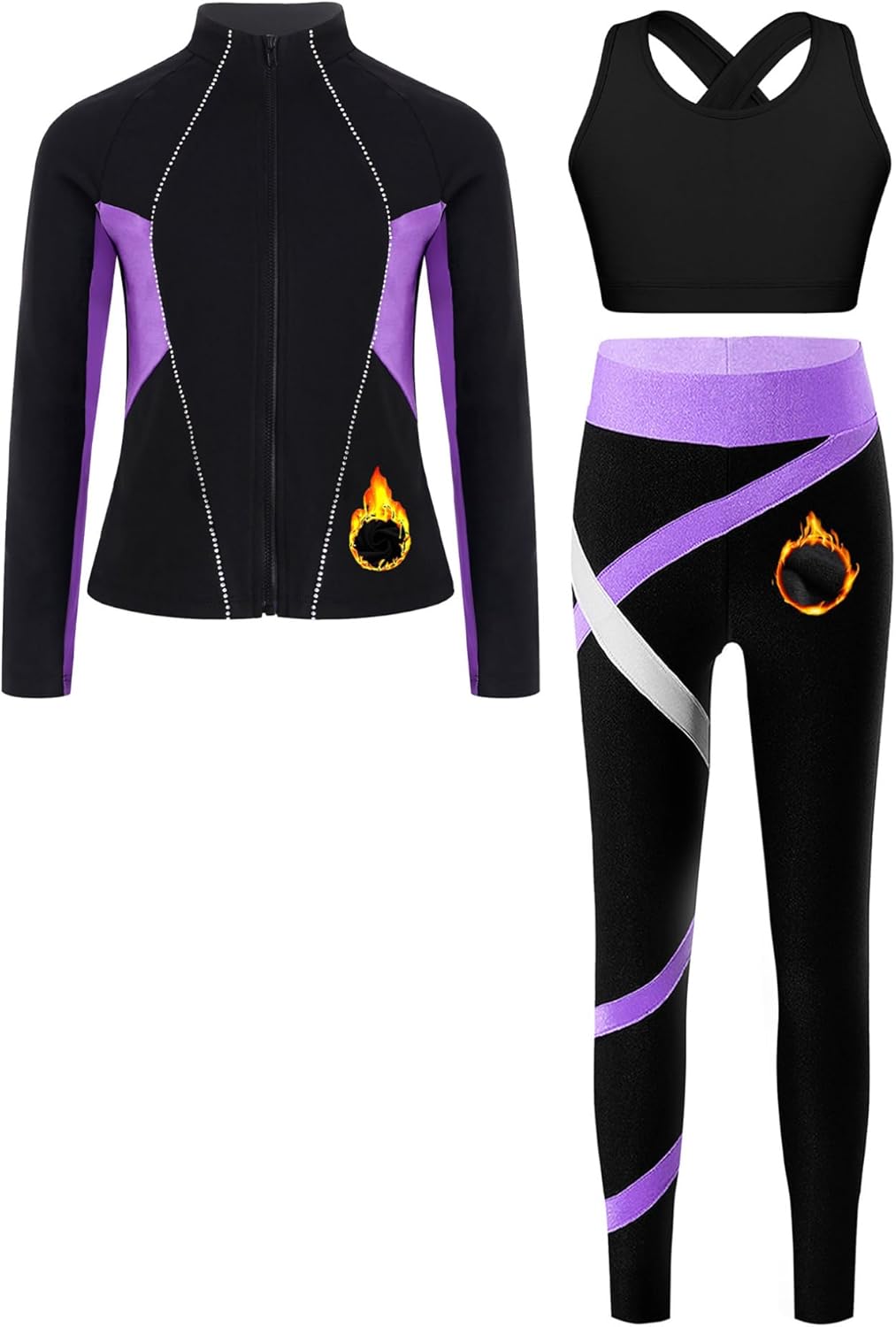 Kaerm Kids Girls Ice Figure Skating Training Suit Fleece Skating Jacket with Crop Top and Gymnastics Leggings