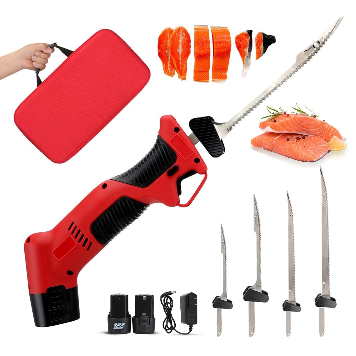 Cuchillo for filetear pescado inalámbrico, cuchillo for filetear eléctrico for pescado con 4 cuchillas alternativas antiadherentes recubiertas de nitruro de ti, cerradura segura, 2 baterías y bolso fo