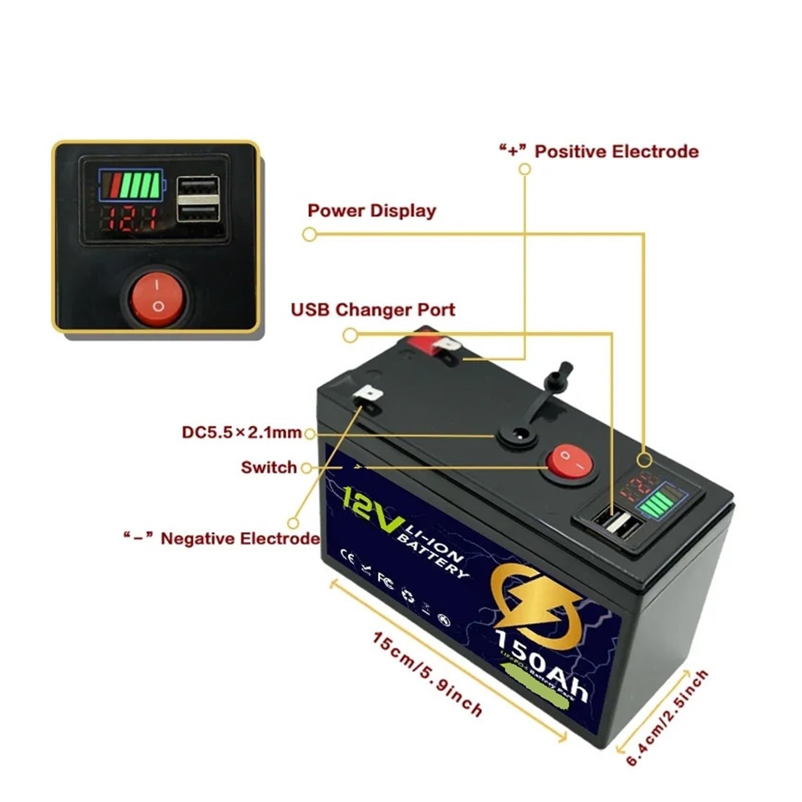 Batterie à décharge profonde Batterie au lithium LiFeP04 12 V 150 Ah for chargement solaire, détecteur de poissons, camping en plein air marin,(USB 60Ah x 1)