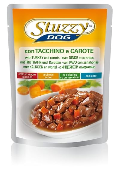 Stuzzy, Alimento Húmedo para Perros Adultos con Pavo Y Zanahorias, Bocaditos (24 Bolsas De 100g)