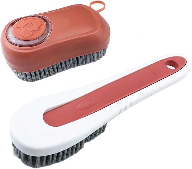 Clean Brush Set Multifunctional Good Grip Soap Dispensing Scrub Brush and detachable multi-purpose cleaner brush, scrubber for shoes,clothes,floor,tiles,etc., laundry brush shoe brush, Red