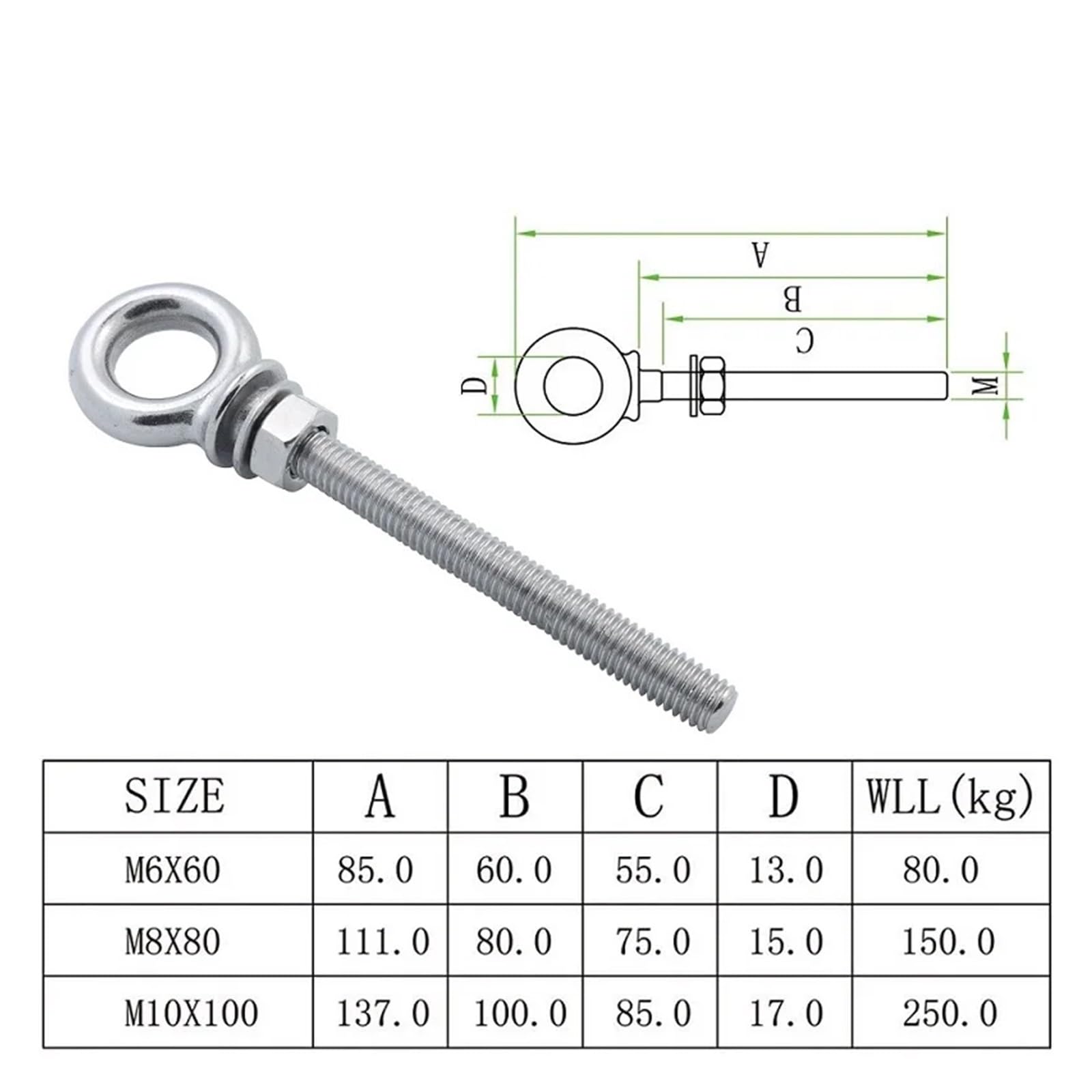 Set di 5 bulloni a occhiello in acciaio inox 316 HX per sollevamento spalle lunghe, misure M6, M8, M10, per sollevamento funi metalliche, dadi inclusi (M8 x 80)