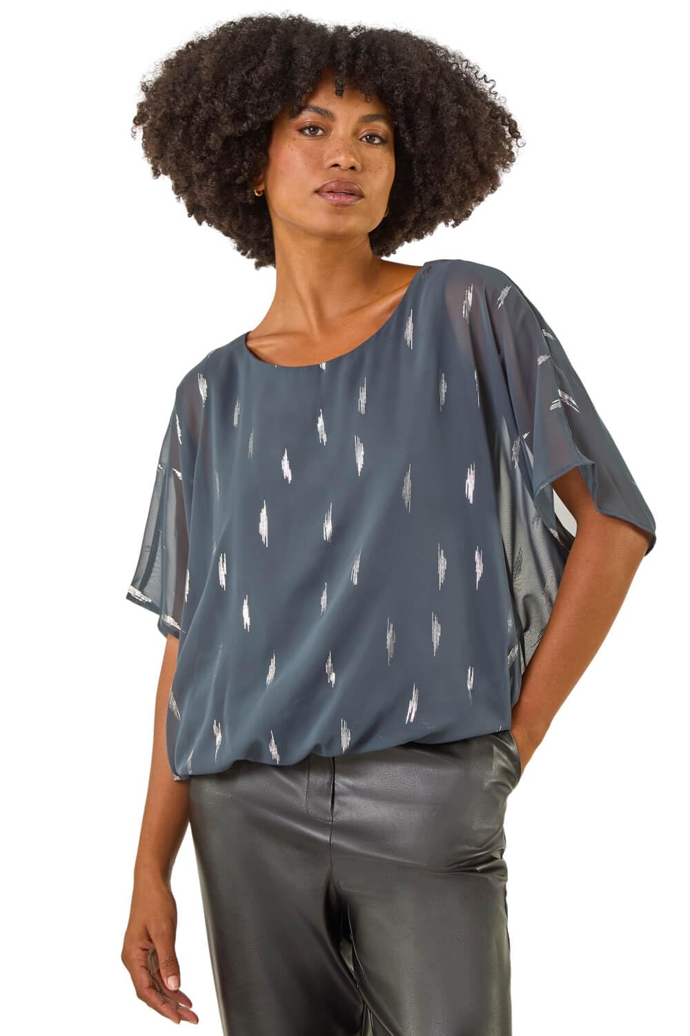Roman Women's Grey Foil Print Bubble Hem Top Size 12