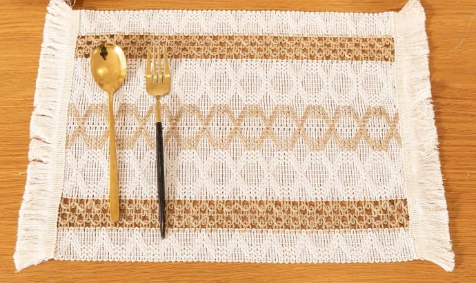 Image of HomeCloud Croshia Woven Table placemat - Heat Resistant, Washable Table Decoration for Dining, Office, Kitchen, Hotel, and Home (Rec White Baige, Set of 6)