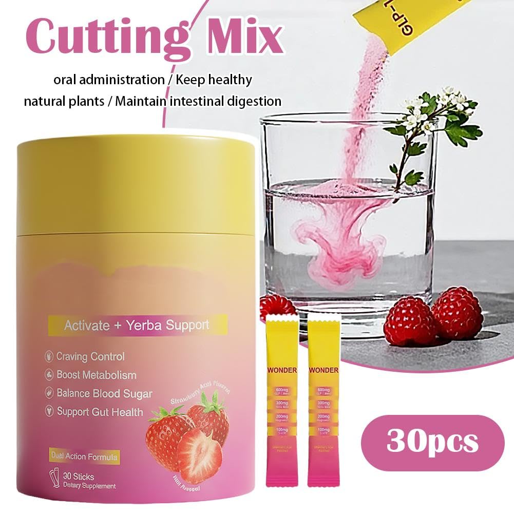 Cutting Mix, Cutting Drink Mix - Berberine, 5-HTP, Yerba Mate & Magnesium, FOS | Supports Satiety Signaling, Energy & Gut Health | Strawberry Açaí Flavor | Vegan, Sugar-Free, 30 Sticks — view 2